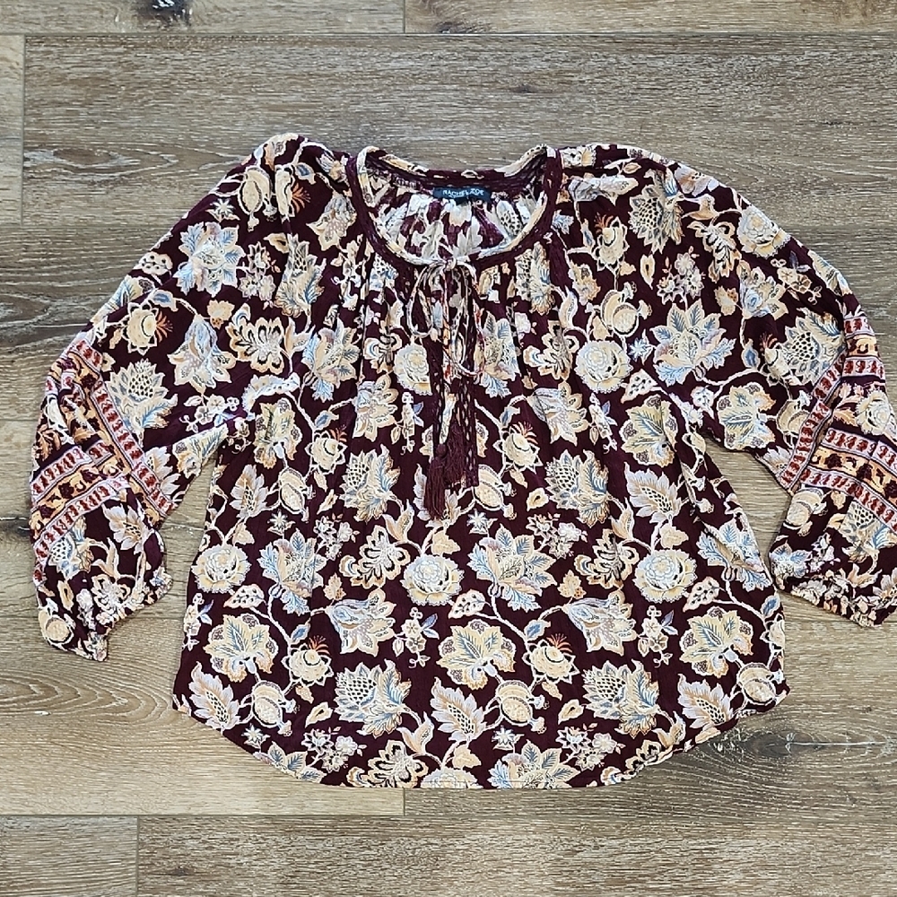 Rachel Zoe Burgundy and Cream Floral Boho Balloon Sleeve Blouse 100% Rayon